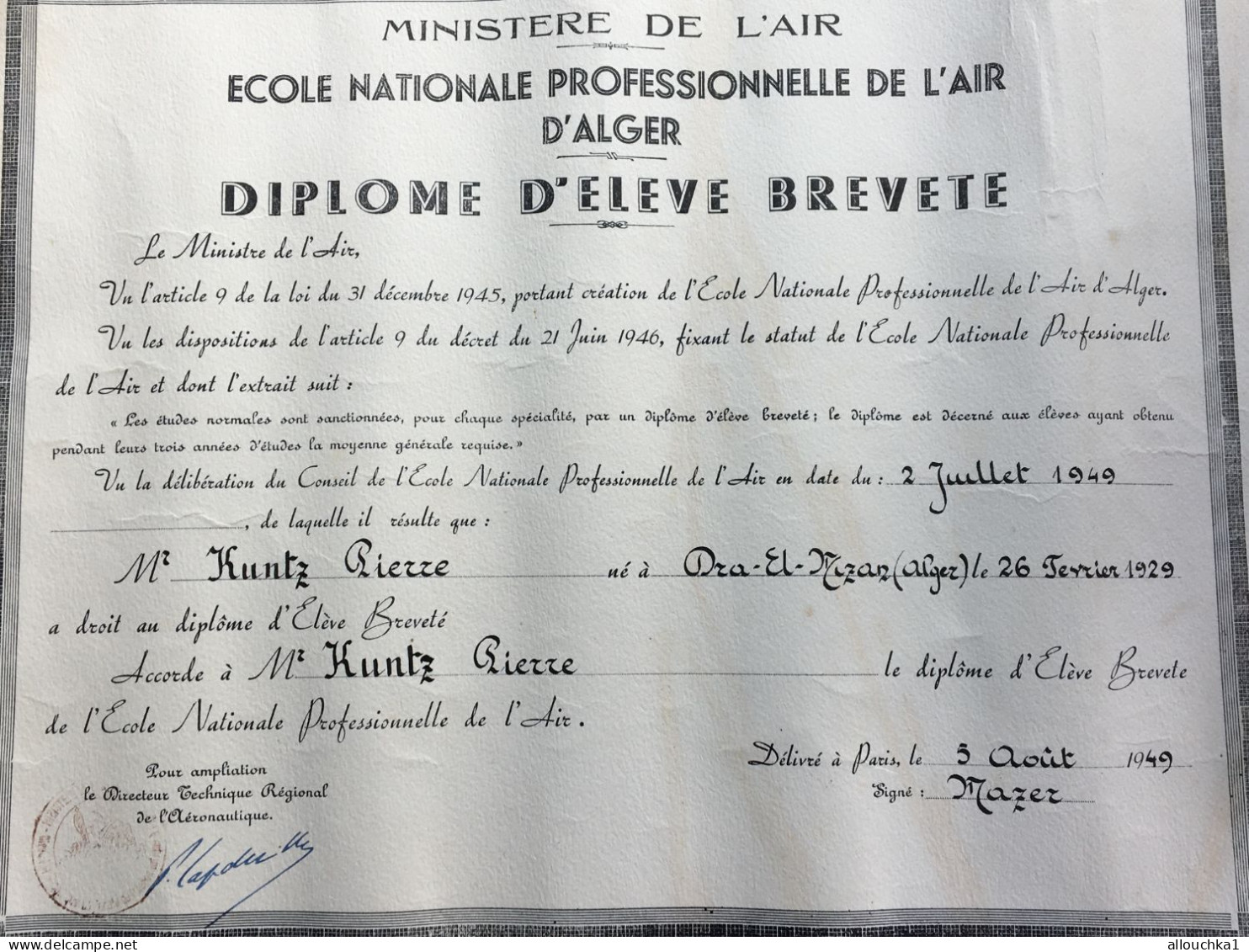 1947-Diplôme D'élève Breveté Ecole Nationale Professionnelle De L'Air D'Alger-Militaria Aviation-Aérien-Aeronauti-Kuntz - Aviazione