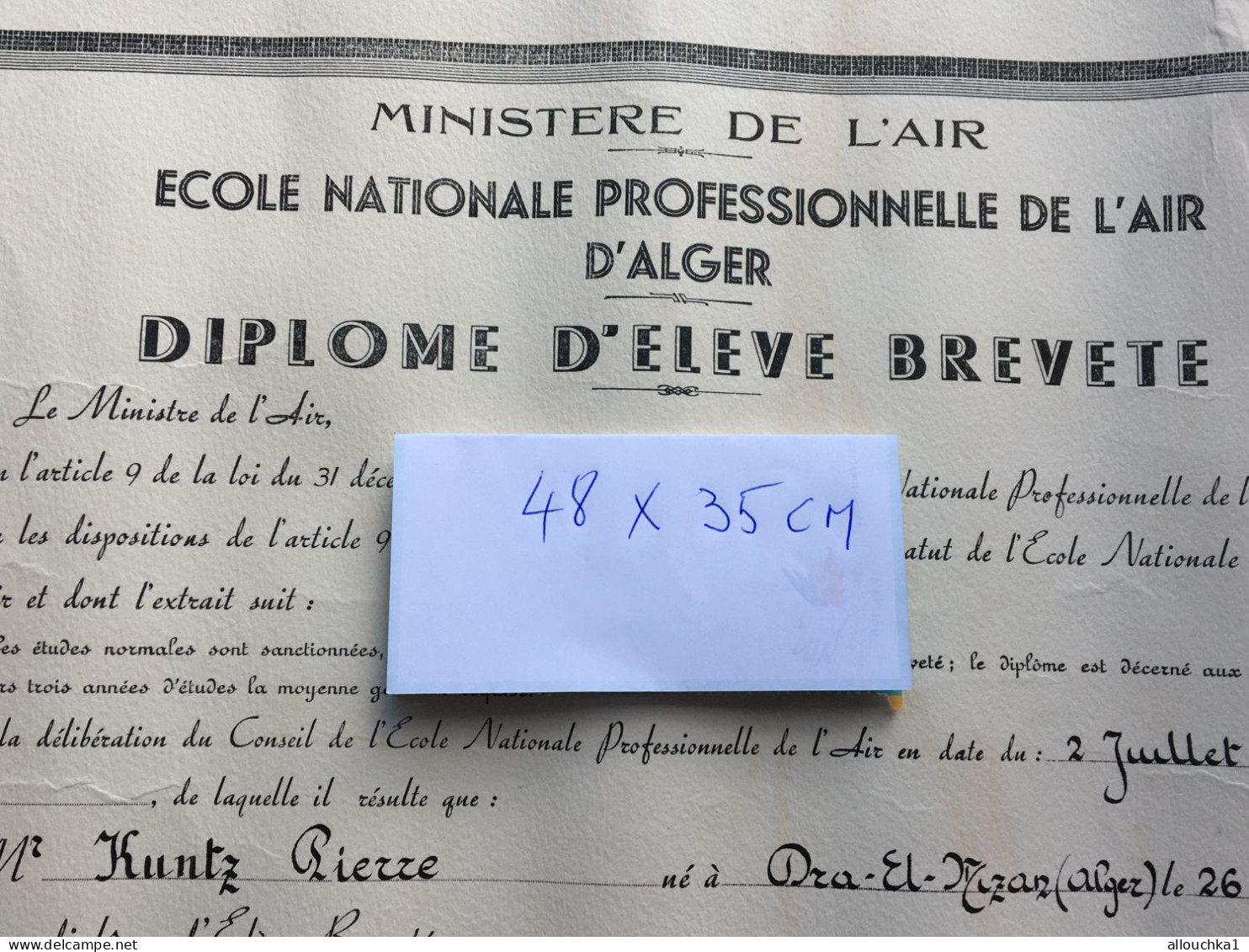 1947-Diplôme D'élève Breveté Ecole Nationale Professionnelle De L'Air D'Alger-Militaria Aviation-Aérien-Aeronauti-Kuntz - Aviazione