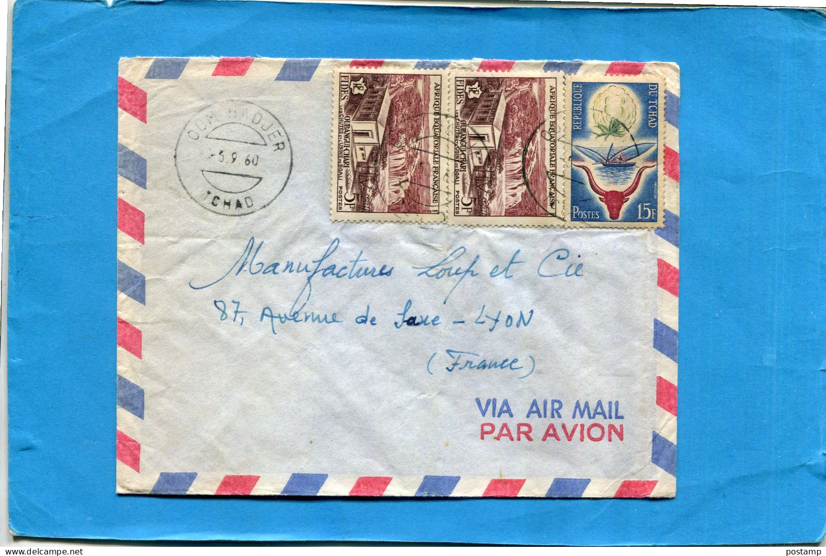 Marcophilie-LETTRE -TCHAD -pour France Cad Oum Hadjer 1960 -3 Stamps Affranchissement Mixte  Colonie+république - Tchad (1960-...)