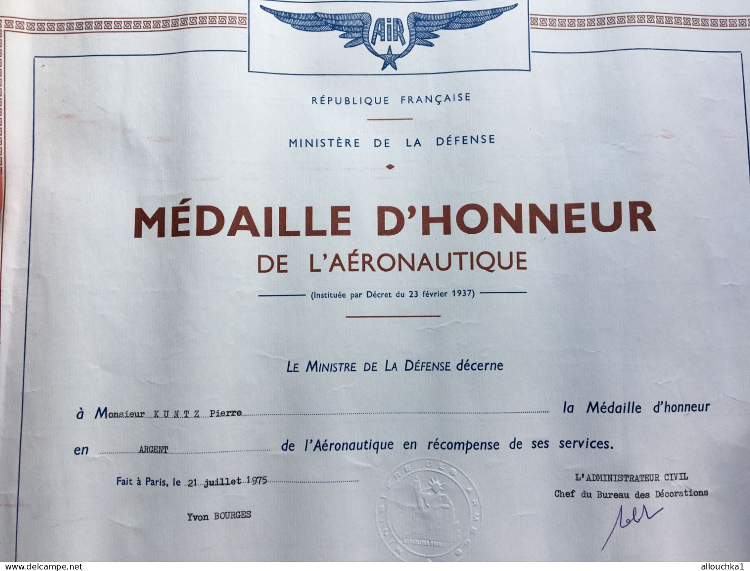 Médaille D'Honneur De L' Aéronautique Récompense Services-Ministère Défense(Yvon Bourges)Militaria Aviation-Aérien-Kuntz - Aviazione