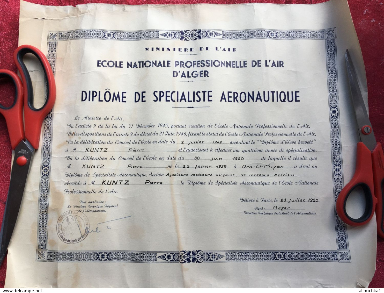 Diplôme De Spécialiste Aéronautique Ecole Nationale Professionnelle De L'Air D'Alger-Militaria Aviation-Aérien-Kuntz - Aviazione