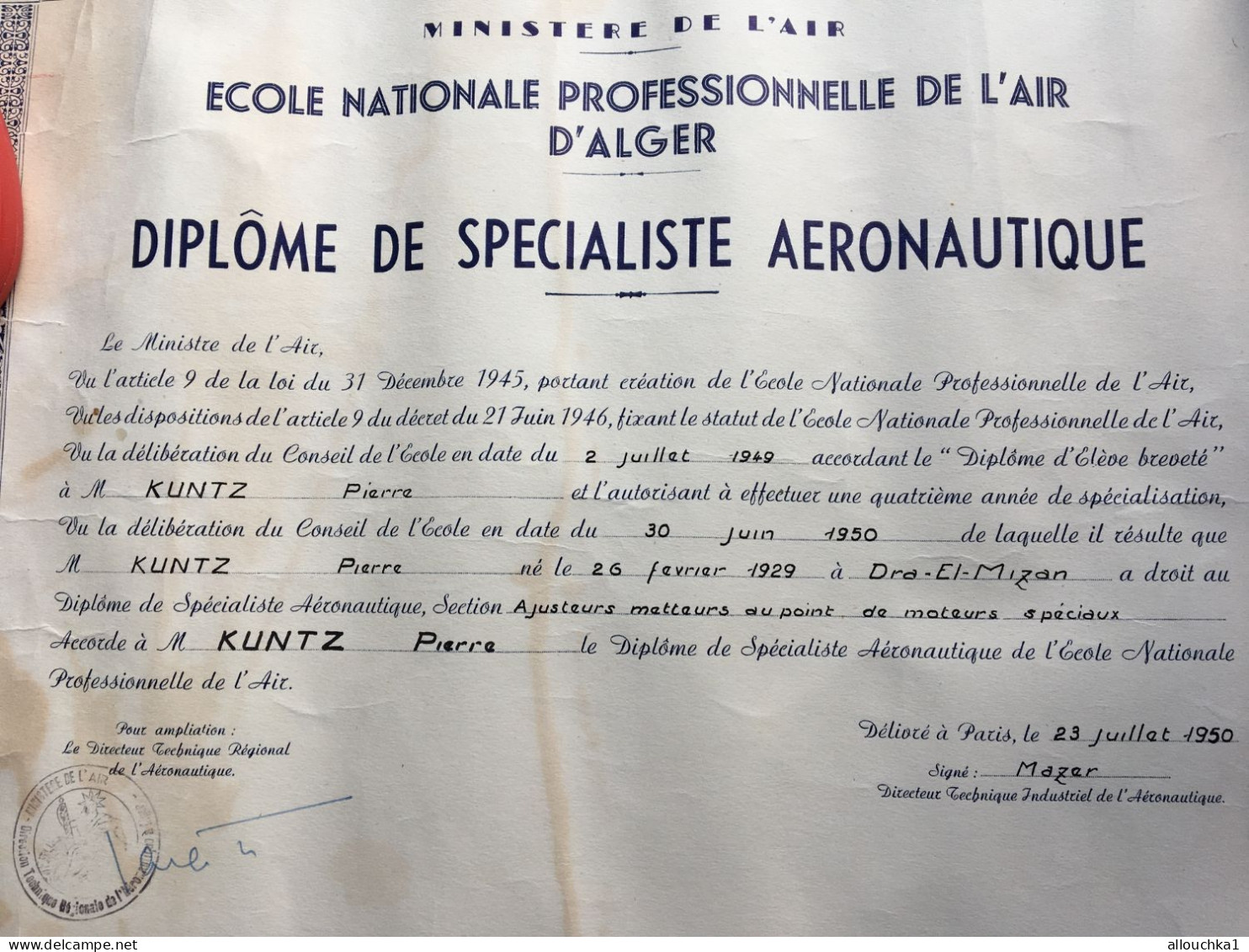 Diplôme De Spécialiste Aéronautique Ecole Nationale Professionnelle De L'Air D'Alger-Militaria Aviation-Aérien-Kuntz - Aviazione