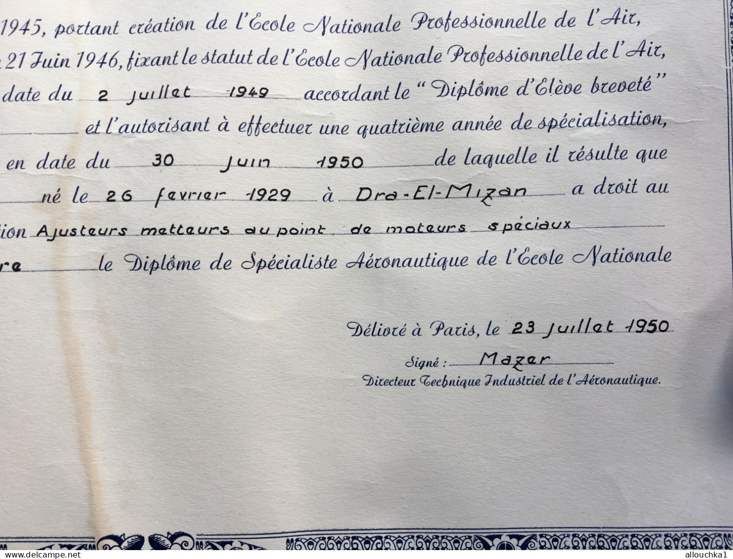 Diplôme De Spécialiste Aéronautique Ecole Nationale Professionnelle De L'Air D'Alger-Militaria Aviation-Aérien-Kuntz - Aviazione