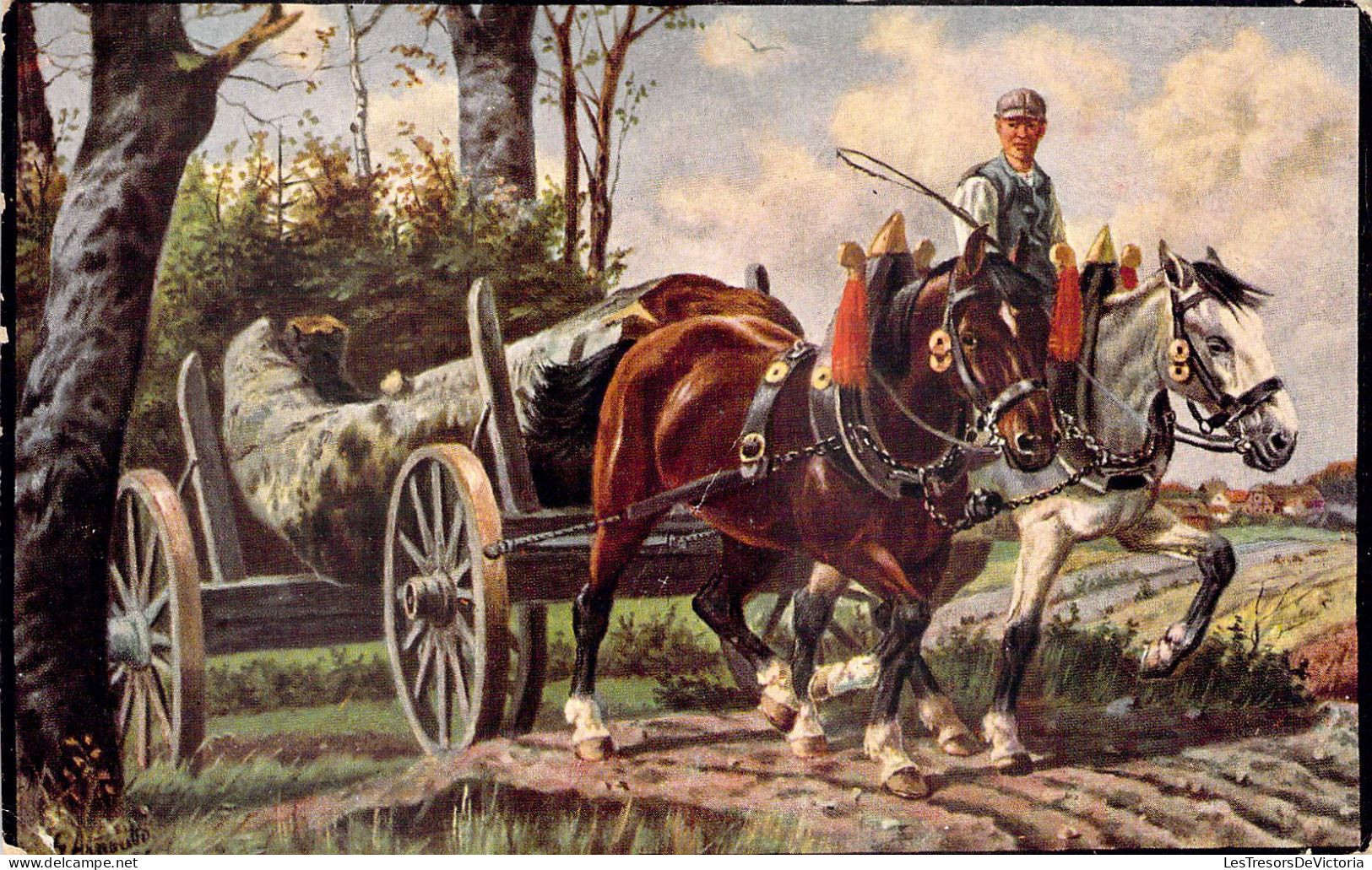 CHEVAUX Au Travail - Illustration - Bucheron - Carte Postale Ancienne - Horses