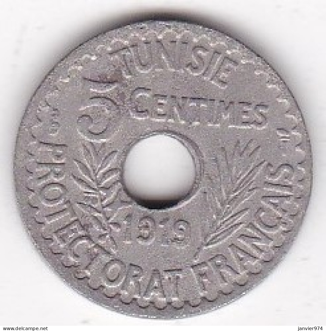 Protectorat Français 5 Centimes 1919 - AH 1338 , Cupro Nickel, Grand Module, Lec# 85 - Tunisie