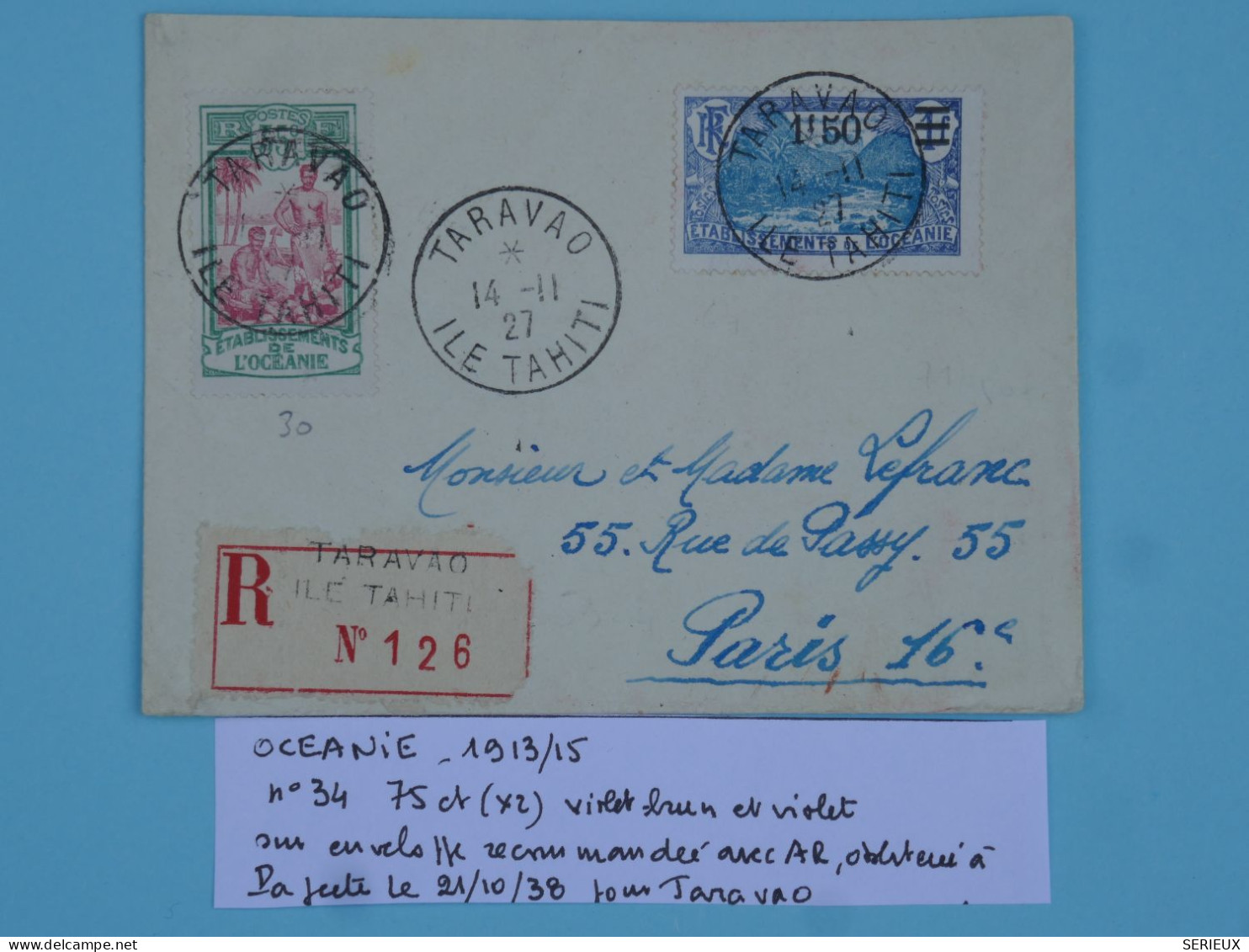 C ETAB. OCEANIE  BELLE LETTRE  RARE 1909 RARE  BUREAU TARAVAO  A PARIS FRANCE+AFF. PLAISANT+++ - Cartas & Documentos