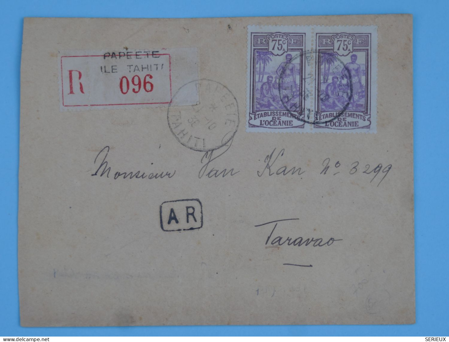 C ETAB. OCEANIE  BELLE LETTRE  1938 TAHITI PAPEETE POUR  BUREAU  RARE TARAVAO +PAIRE DE N°34 +AFF. PLAISANT+++ - Brieven En Documenten