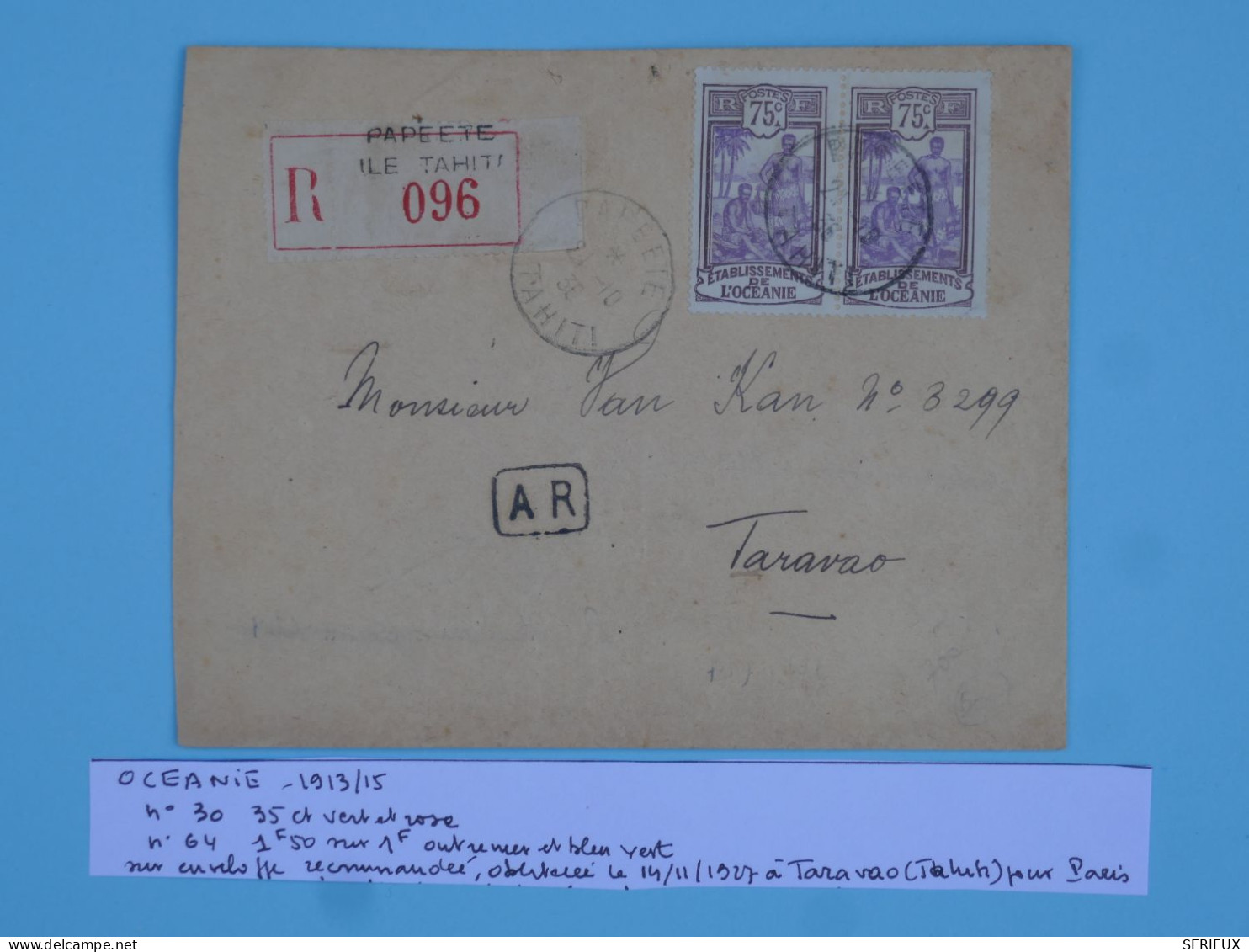 C ETAB. OCEANIE  BELLE LETTRE  1938 TAHITI PAPEETE POUR  BUREAU  RARE TARAVAO +PAIRE DE N°34 +AFF. PLAISANT+++ - Briefe U. Dokumente