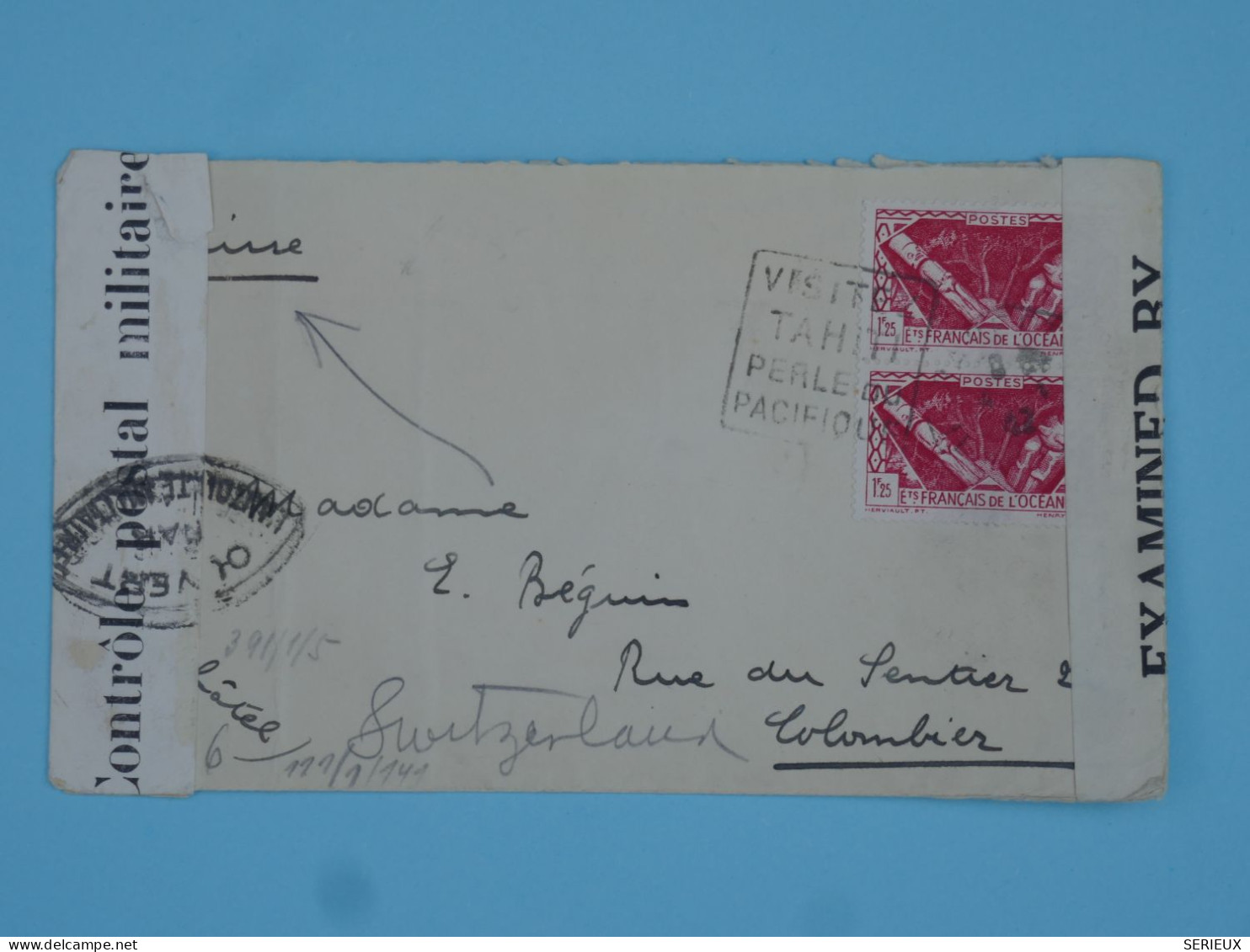 C ETAB. OCEANIE  BELLE LETTRE CENSUREE RARE 1942  TAHITI  A COLOMBIER SUISSE +CENSORED +AFF. INTERESSANT +++ - Lettres & Documents