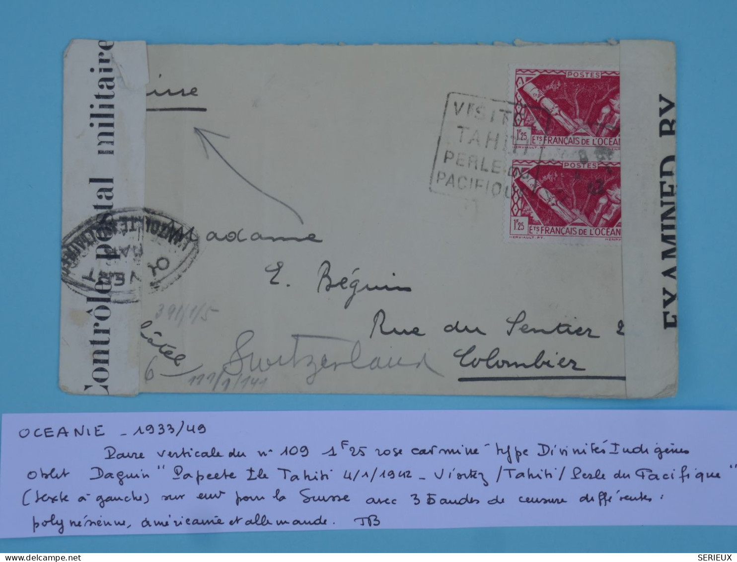 C ETAB. OCEANIE  BELLE LETTRE CENSUREE RARE 1942  TAHITI  A COLOMBIER SUISSE +CENSORED +AFF. INTERESSANT +++ - Cartas & Documentos