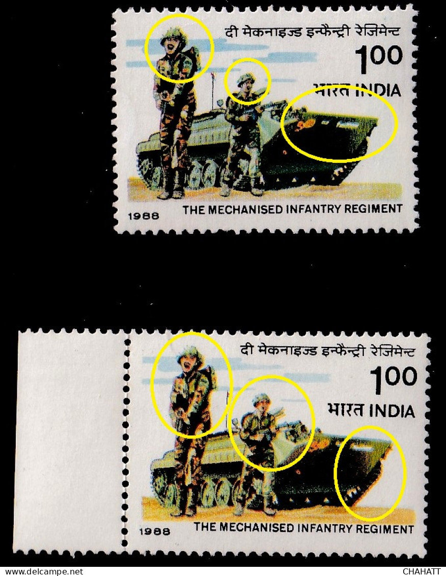 INDIA-1988-THE MECHANIZED INFANTRY REGIMENT- YELLOW COLOR SHIFTING + COLOR  VARIATION + FRAME SHIFTING-MNH-IE-45 - Plaatfouten En Curiosa