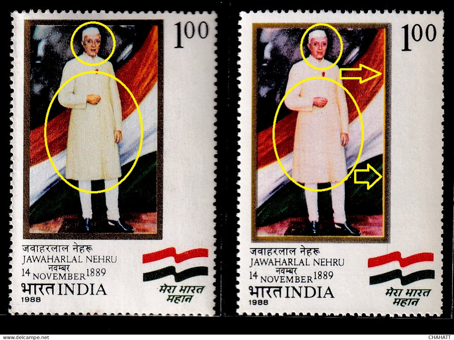 INDIA-1988-JAWAHAR LAL NEHRU-ERROR- YELLOW COLOR SHIFTING + COLOR  VARIATION + FRAME SHIFTING-MNH-IE-44 - Varietà & Curiosità