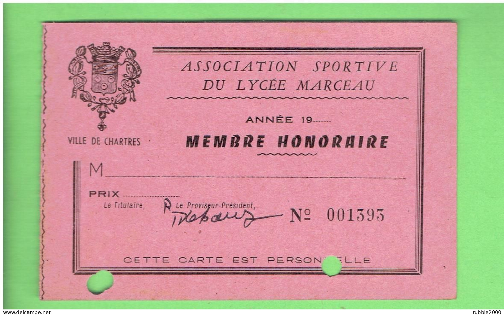 CHARTRES ASSOCIATION SPORTIVE DU LYCEE MARCEAU CARTE DE MEMBRE - Membership Cards