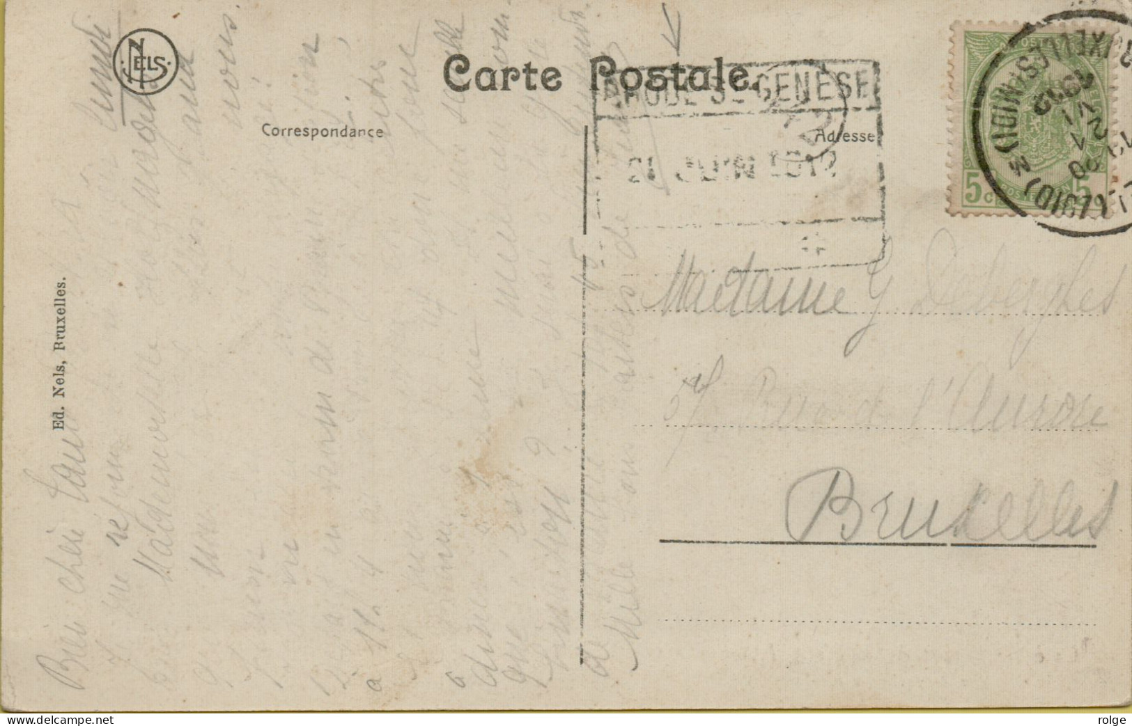 F056   SPOORWEGSTEMPEL GEBRUIKT ALS STATIONSNAAMSTEMPEL     RHODE ST GENESSE  1912 - Documenten & Fragmenten