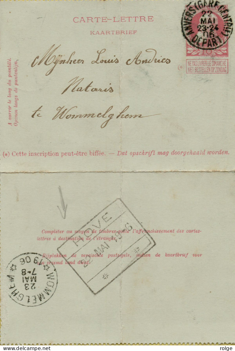 F067   SPOORWEGSTEMPEL GEBRUIKT ALS STATIONSNAAMSTEMPEL OP POSTWAARDESTUK   HOVE 1906 - Documentos & Fragmentos