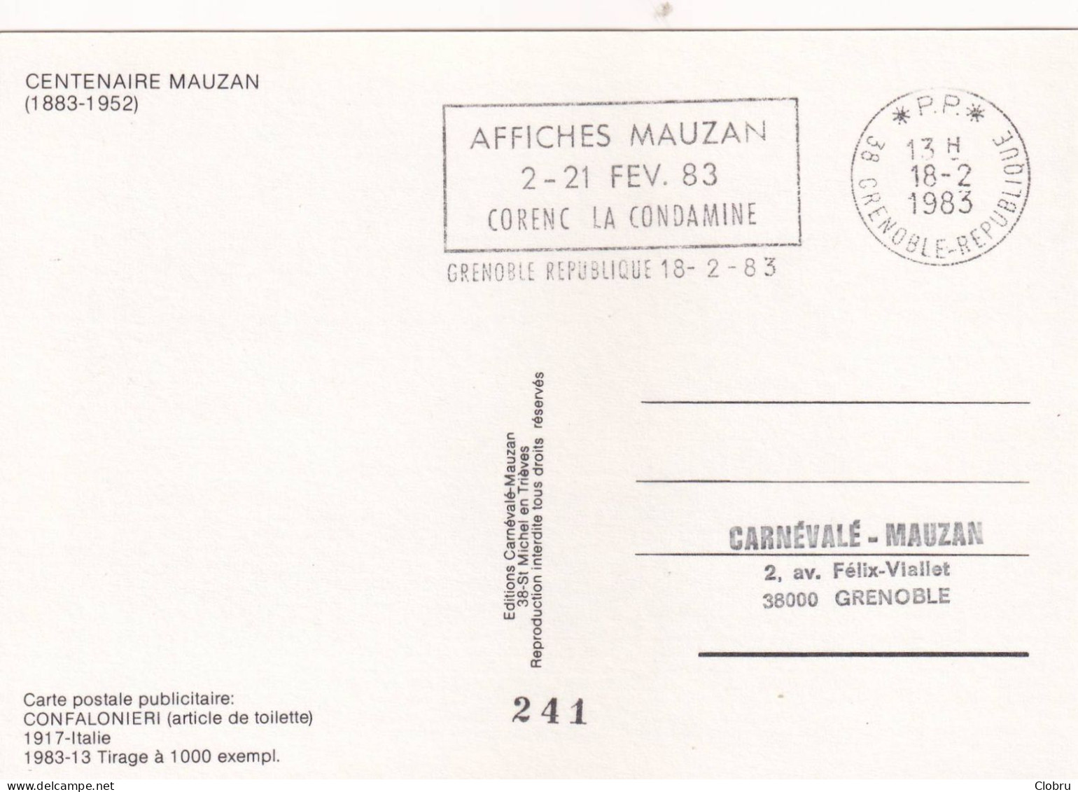 Centenaire Mauzan, 1983, Carte Postale Publicitaire: Confalonieri (Article De Toilette), Edit Limitée 1000 Exemp: N° 241 - Mauzan, L.A.