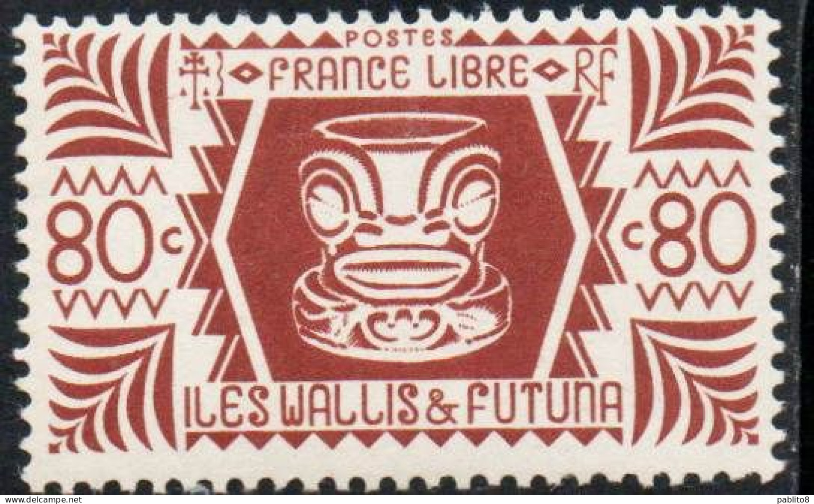 WALLIS AND FUTUNA ISLANDS 1944 IVI POO BONE CARVING IN TIKI DESIGN 80c MNH - Unused Stamps