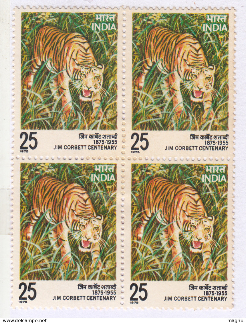 Block Of 4, Jim Corbett Cent., India 1976, Writer, Famous People ( Tiger), Animal, MH - Blocks & Sheetlets