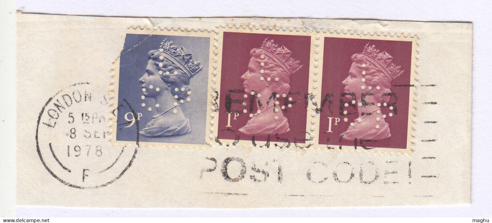 Perfins Used On Piece, Perfin LCP, Great Britain, Machin, Machins, London Pmk 1978, Slogan Use Post Code, ZIP,  - Perfins