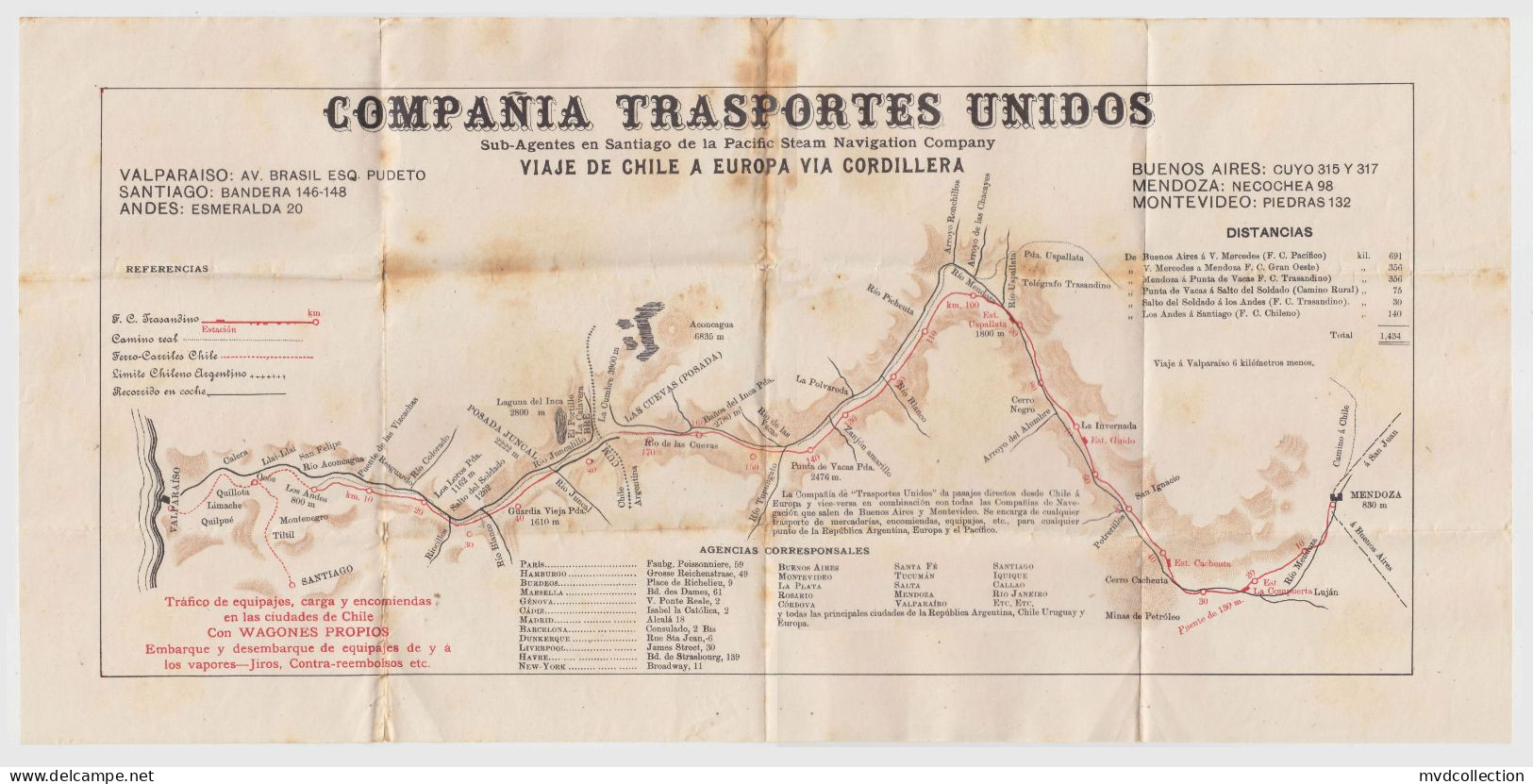 CHILE Early 1900s "PACIFIC STEAM NAVIGATION COMPANY" Large TRANSPORT MAP Cordillera De Los ANDES ( Andes Mountains ) - Mondo