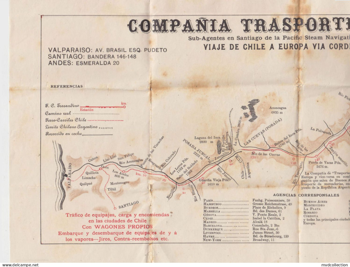 CHILE Early 1900s "PACIFIC STEAM NAVIGATION COMPANY" Large TRANSPORT MAP Cordillera De Los ANDES ( Andes Mountains ) - Wereld