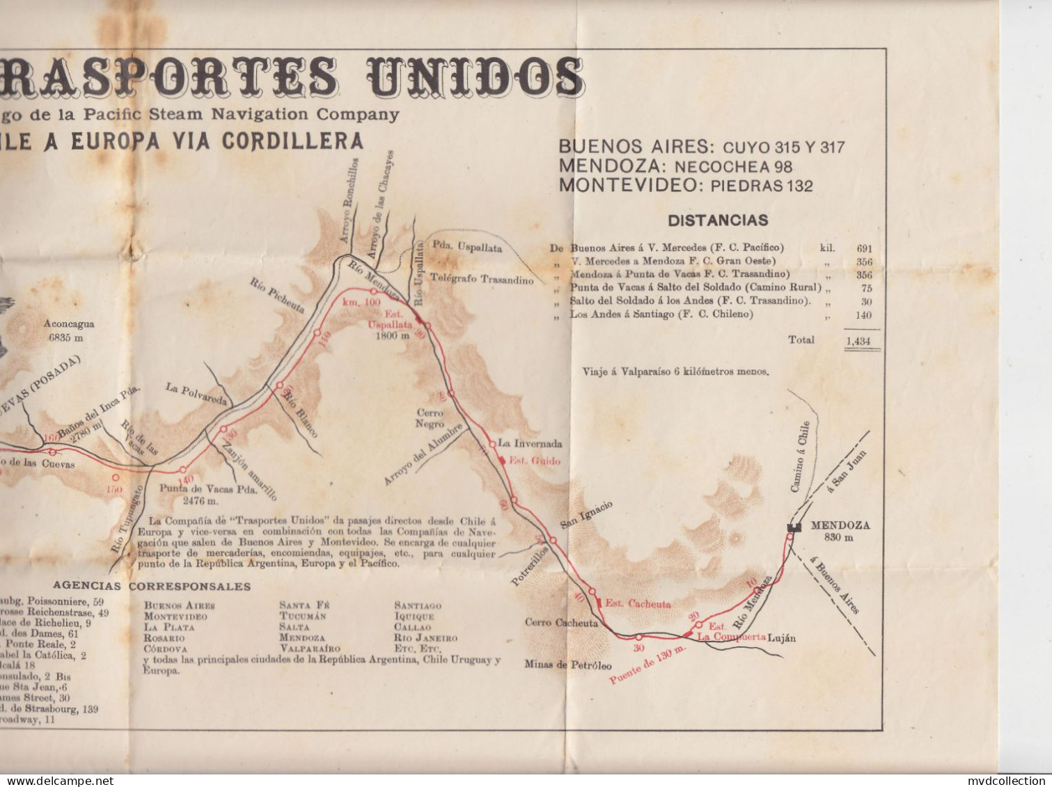 CHILE Early 1900s "PACIFIC STEAM NAVIGATION COMPANY" Large TRANSPORT MAP Cordillera De Los ANDES ( Andes Mountains ) - Mondo