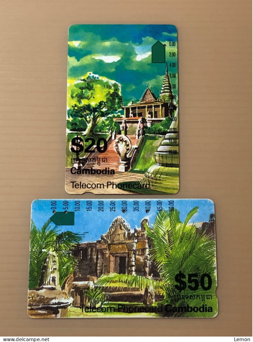 Cambodia Phonecard, Ancient Building, Set Of 2 Used Card - Cambodja