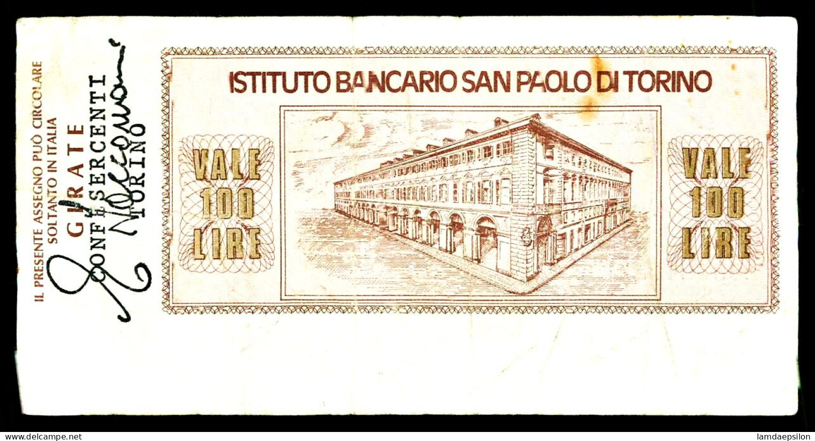 A9  ITALIA    BILLETS DU MONDE   BANCARIO SAN PAOLO DI TORINO BANKNOTES  100 LIRE 1977 - Andere & Zonder Classificatie