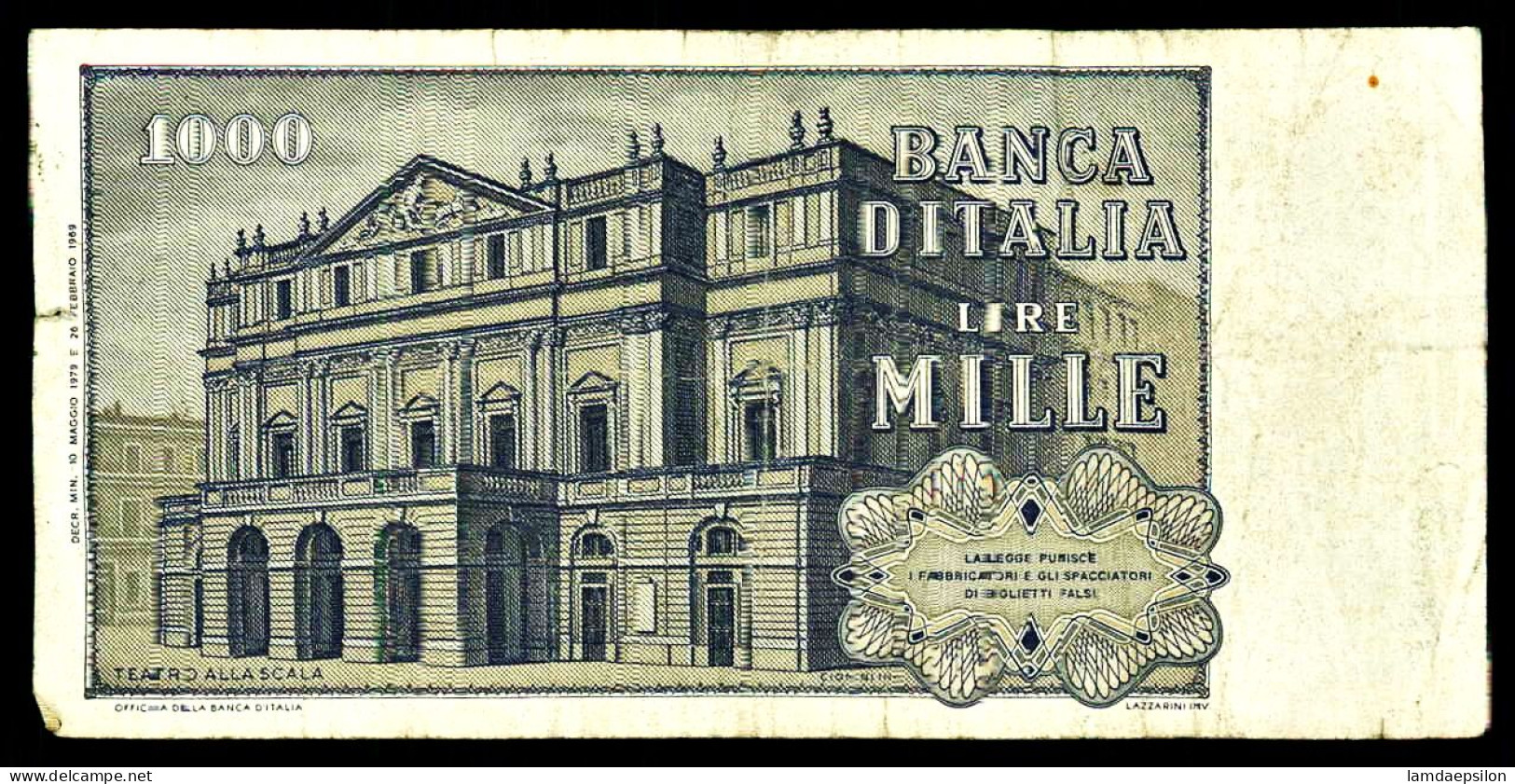 A9  ITALIA    BILLETS DU MONDE   BANKNOTES  1000 LIRE 1969 - Sonstige & Ohne Zuordnung