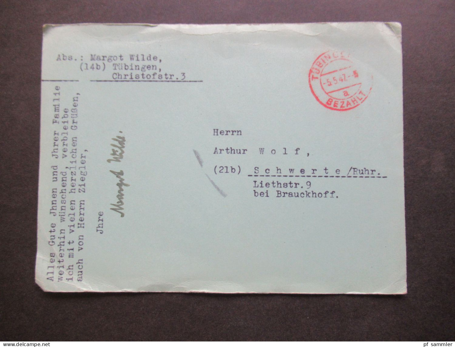 5.5.1947 Alliierte Besetzung Große PK Mit Rotem Stempel Tübingen Bezahlt Nach Schwerte Ruhr - Other & Unclassified