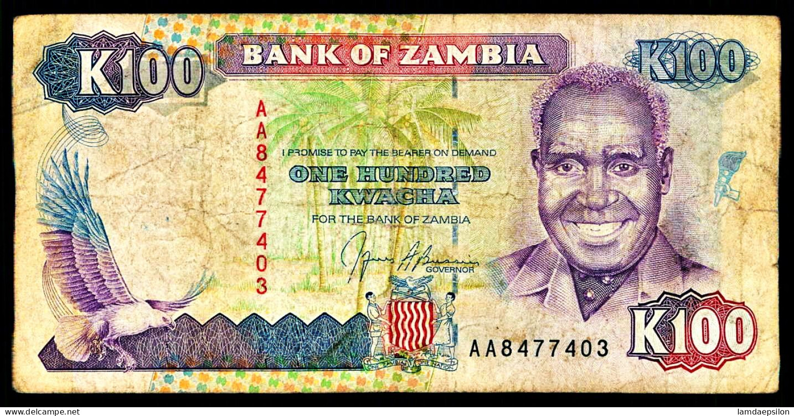 A9  ZAMBIA    BILLETS DU MONDE    BANKNOTES  100 KWACHA 1991 - Zambie