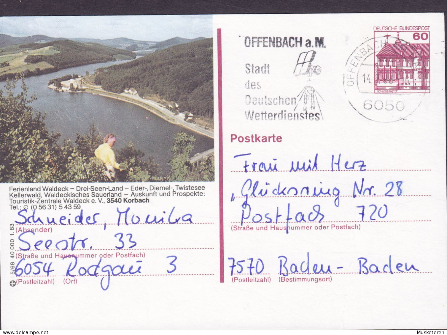 Bundespost Postal Stationery Ganzsache 60 Pf. Schloss Rheydt (Korbach Cachet) Slogan Flamme OFFENBACH 1983 BADEN-BADEN - Postcards - Used