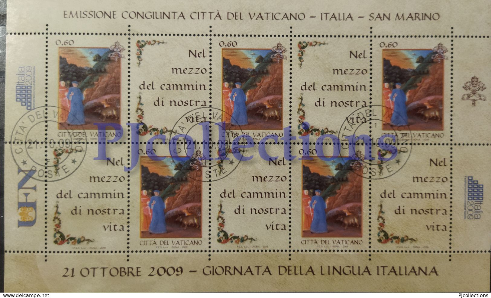 3771- VATICANO - VATICAN CITY 2009 GIORNATA DELLA LINGUA ITALIANA FULL SHEET 5 STAMPS C/ANNULLO 1° GIORNO - USED - Gebraucht