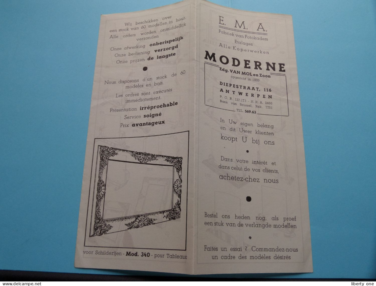 " E.M.A. " Fabriek Van Fotokaders MODERNE Edg. VAN MOL Diepestraat ANTWERPEN ( Depliant ) > ( Zie/Voir Scan ) ! - Publicités