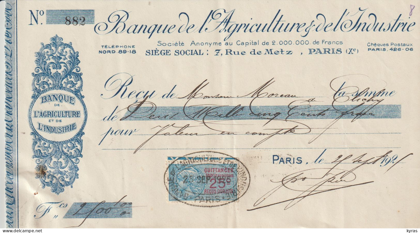 BANQUE DE L'AGRICULTURE ET DE L'INDUSTRIE Paris X° . Reçu   (Mme Moreau Clichy )+ Timbre Taxe 25 Cts Bleu - Banque & Assurance