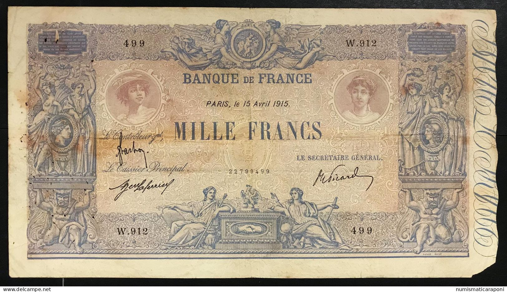 Francia France 1000 Francs BLEU & ROSE 15 04 1915 Pick#67 Lotto.976 - 1 000 F 1889-1926 ''Bleu Et Rose''