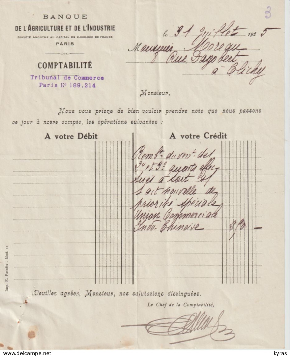 BANQUE DE L'AGRICULTURE ET DE L'INDUSTRIE Paris X° .Avis D'Opérations 18x22 Cm (Mme Moreau Clichy) 31/027/1925 - Banque & Assurance