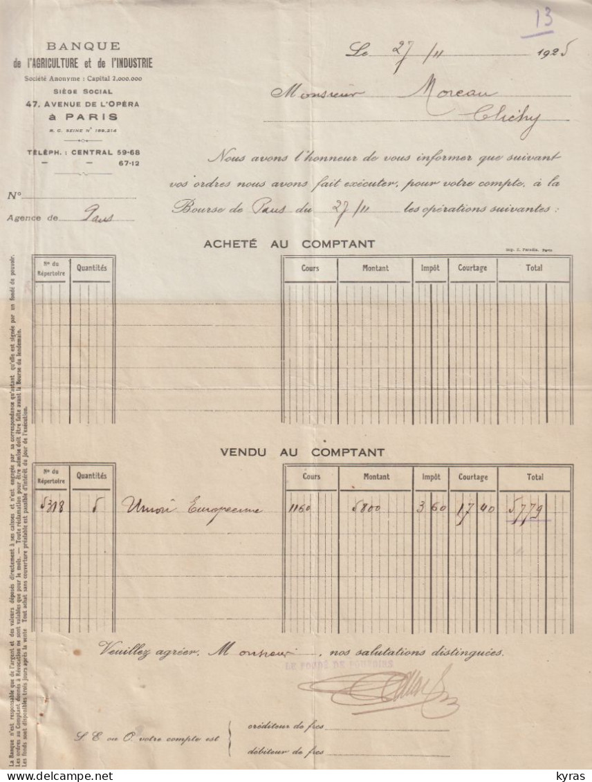 BANQUE DE L'AGRICULTURE ET DE L'INDUSTRIE Paris X°. Courrier Opérations Bourse 21x27 Cm (Moreau Clichy) 1925 - Banque & Assurance