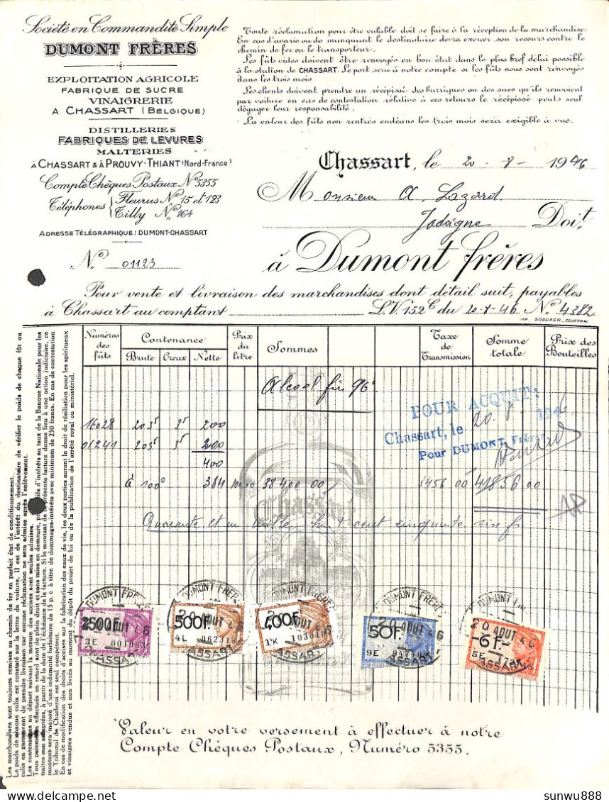 Chassart - Dumont Frères Distillerie Malterie - Alcool Fin Fûts 1946 + Timbres Valeur 38.400 Feb - 1900 – 1949