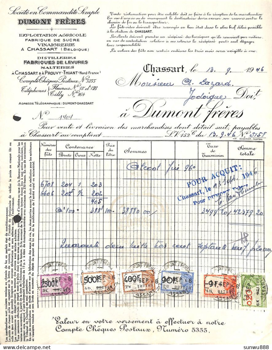 Chassart - Dumont Frères Distillerie Malterie - Alcool Fin Fûts 1946 + Timbres Valeur 38.880 Feb - 1900 – 1949