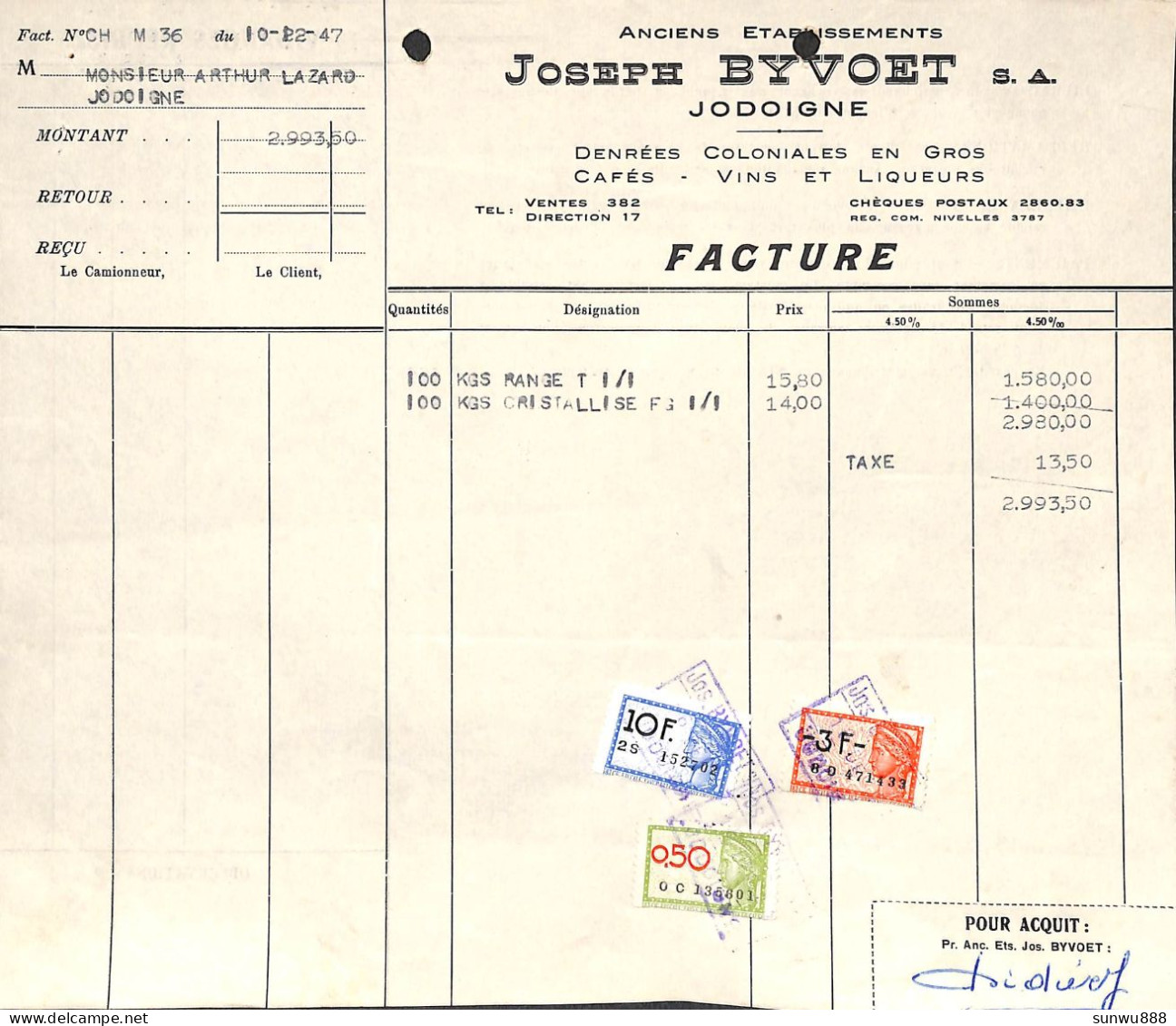 Jodoigne - Joseph Byvoet Denrées Coloniales, Café, Vins Liqueurs 1947 + Timbres - 1900 – 1949