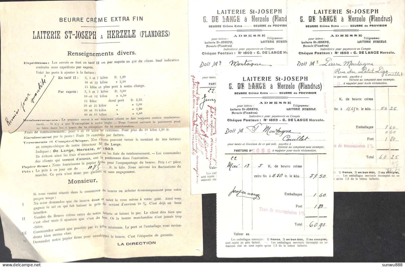 Laiterie St Joseph à Herzele - Tarif 1920 + 3 Factures 5 Kg De Beurre Crême - Levensmiddelen