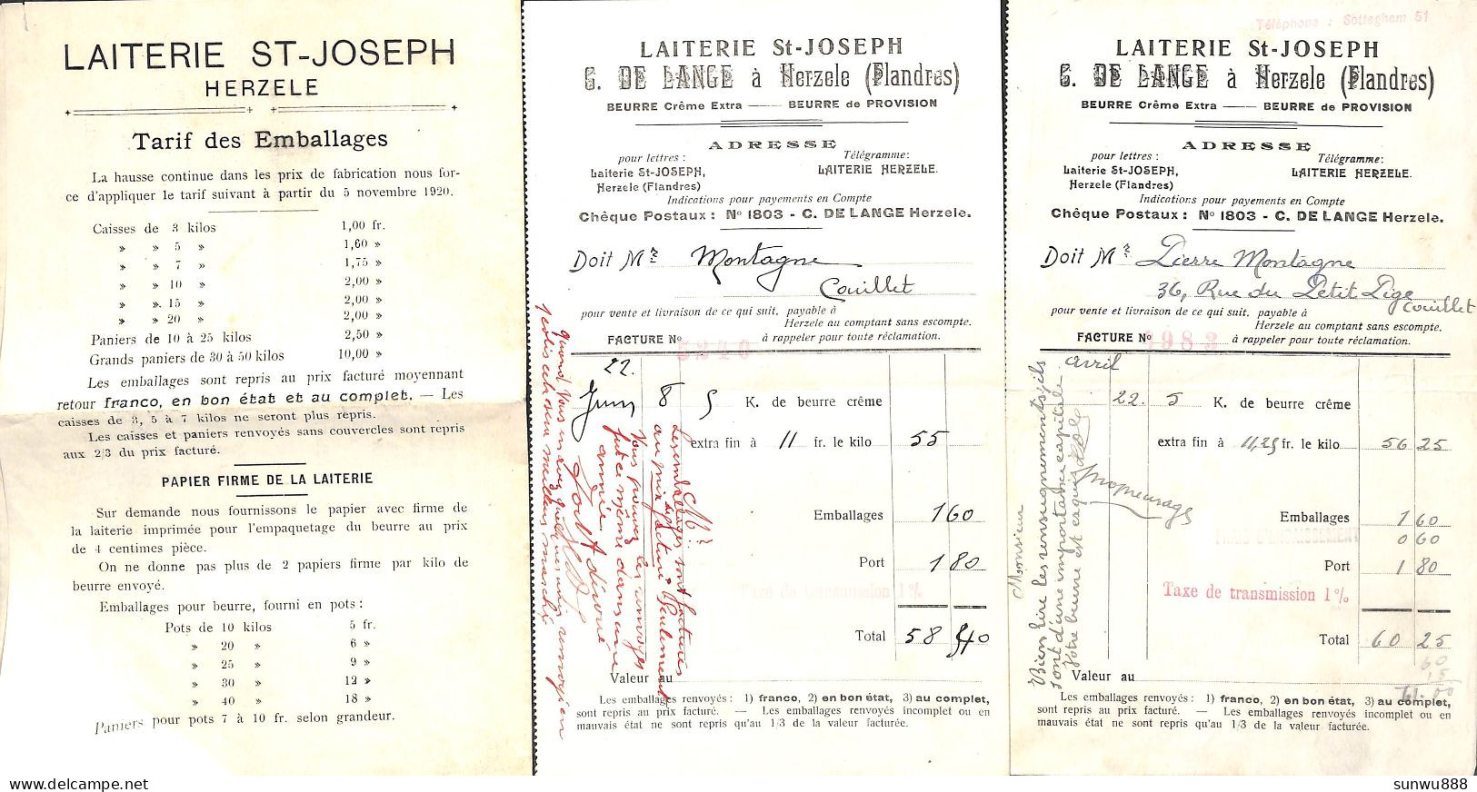 Laiterie St Joseph à Herzele - Tarif 1920 + 3 Factures 5 Kg De Beurre Crême - Alimentare