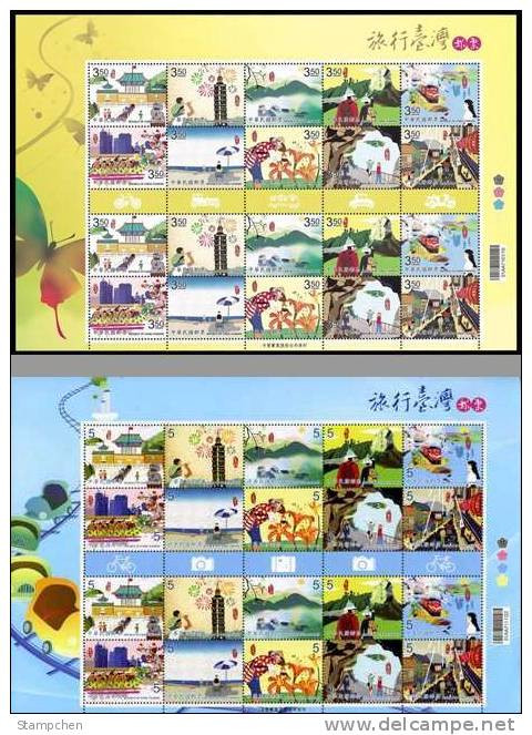Taiwan 2011 Greeting Stamps Sheets-Travel Camera Train Firework Boat Flower Butterfly Lighthouse Bicycle Motorbike Car - Unused Stamps