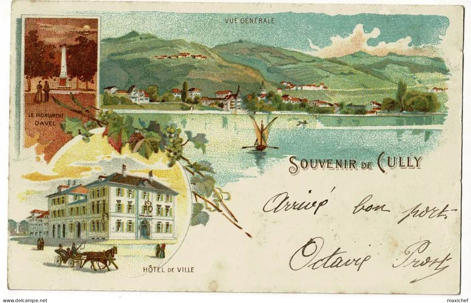 Souvenir De Cully - Multivues Illustrée, 3 Vues : Vue Générale, Monument Davel, Hôtel De Ville - Circulé 1910, Précurseu - Cully