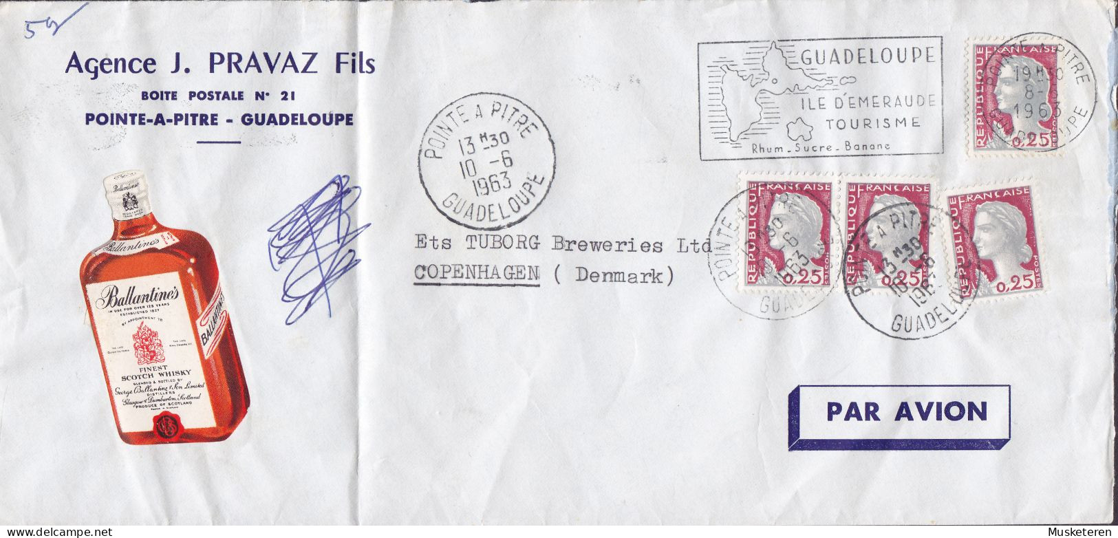 Guadeloupe AGENCE J. PRAVAZ Fils., Ballantines Whisky Vignette POINTE A PITRE 1963 Cover Lettre TUBORG Brewery Denmark - 1960 Marianne (Decaris)