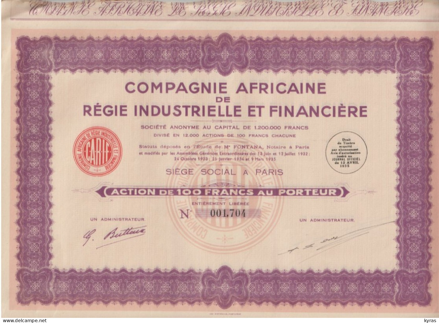 Action 1935 . Cie AFRICAINE DE REGIE INDUSTRIELLE ET FINANCIERE (C.A.R.I.F.) Paris. Action De 100 F Au Porteur - Banque & Assurance