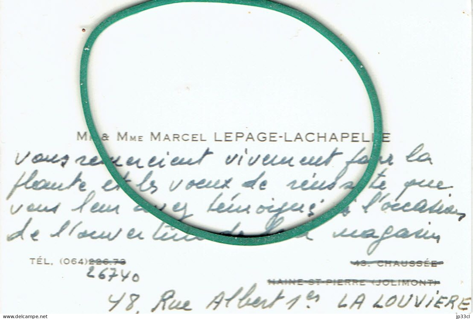 Les Remerciements De M. Marcel Lepage à L'occasion De L'ouverture De Son Magasin "Bernina" à La Louvière (vers 1965) - Visitenkarten