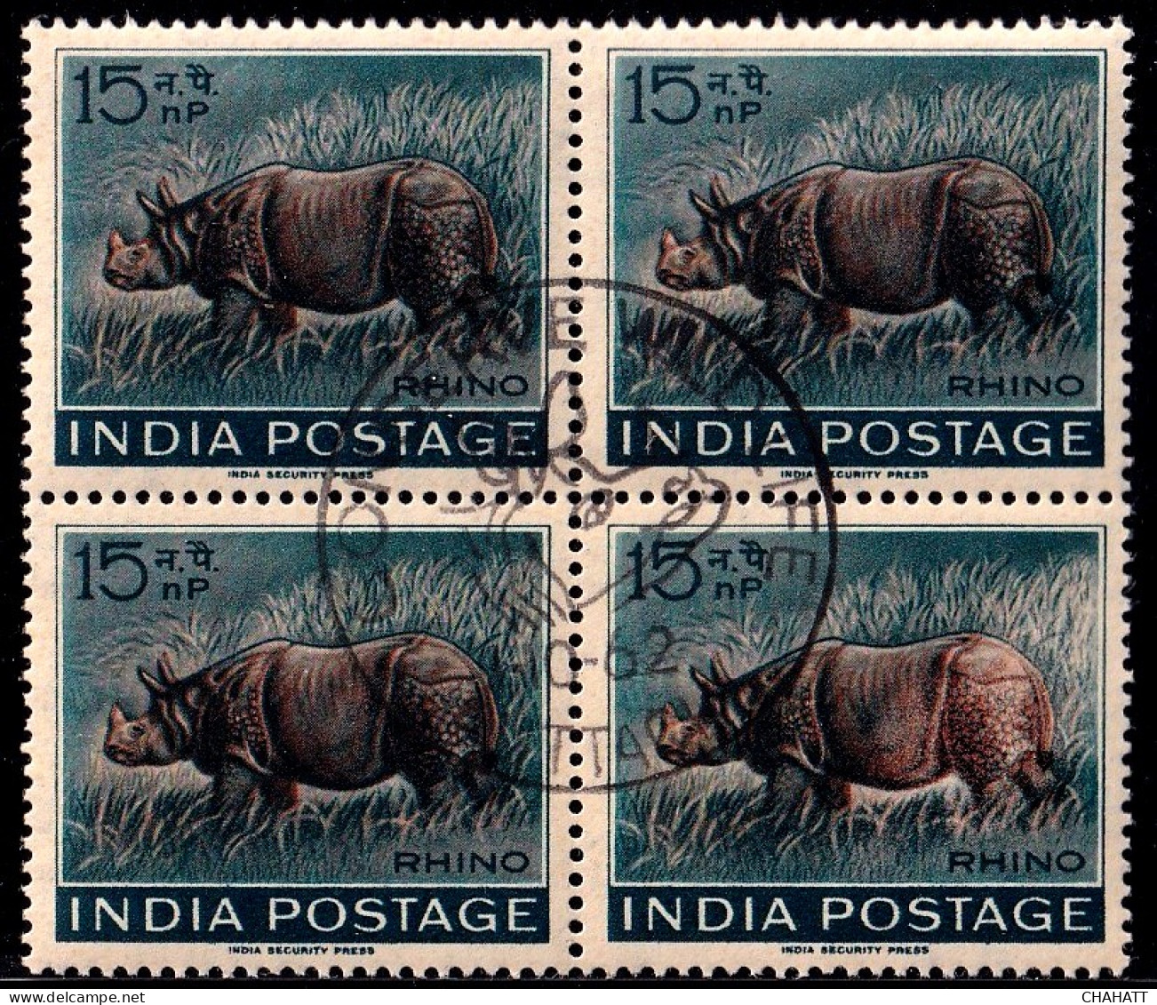 INDIA-1962- WILDLIFE WEEK- RHINOCEROS- BLOCK OF 4 WITH PICTORIAL CANCEL- ERROR-DRY PRINT-"BHARAT" OMITTED-MNH-IE-66-1 - Variedades Y Curiosidades