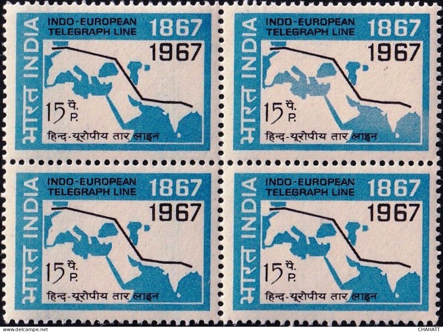 INDIA-1967-BLK OF 4-INDO-EUROPEAN TELEGRAPH SERVICE ROUTE MAP- WORD "POSTAGE"  OMITTED-MNH-IE-70-5 - Ongebruikt